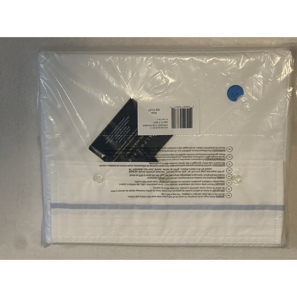 NWT Ralph Lauren Organic Cotton Palmer Queen Flat Sheet White Sky Blue NEW